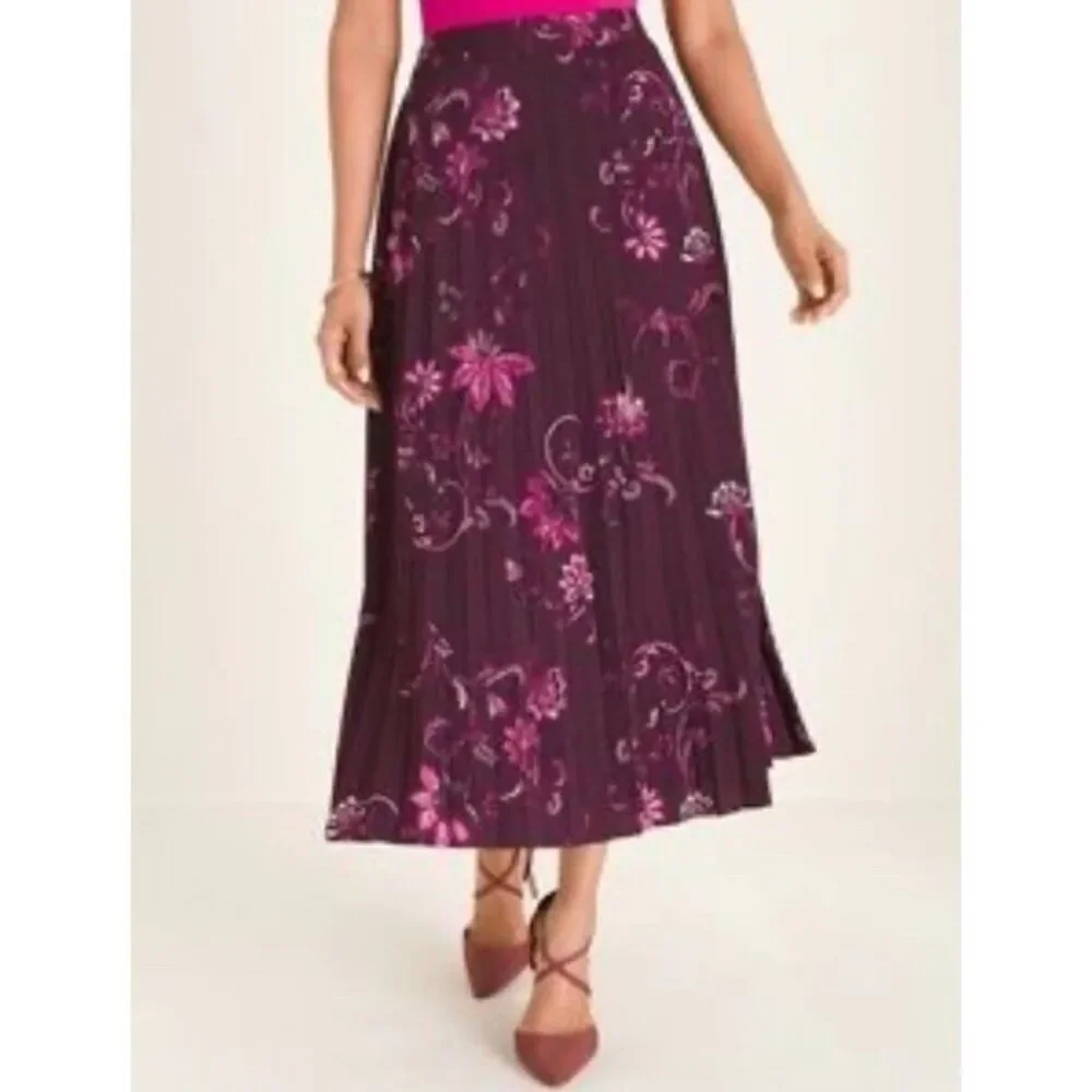 Chicos Design 0.5 or Size 6 Wine Pink Print Pleated Midi Skirt Lined NWT $119